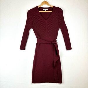 Amour Vert Mila Wool Long Sleeve Ribbed Sweater Dress with Tie Office